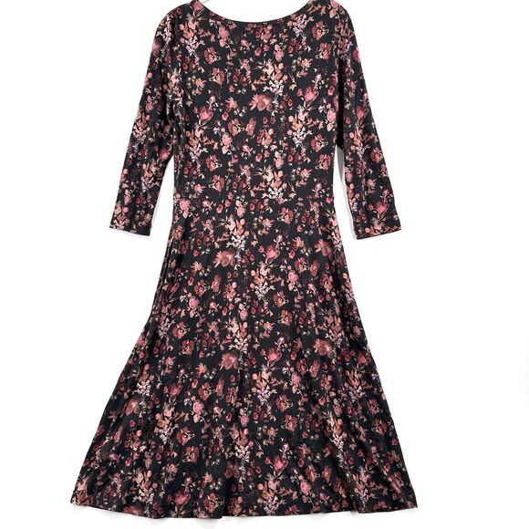 Peruvian Connection Small Midi Dress Black Floral Potpourri Pockets Stretch Boho - Picture 8 of 12